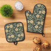 Dark green stylized yellow flowers  pattern  ofenhandschuh & Topflappen-Set (Oben Unten)