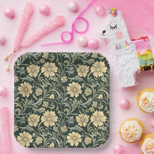 Dark green stylized yellow flowers  pattern  pappteller (Party)