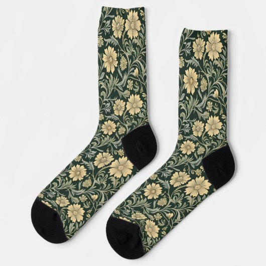 Dark green stylized yellow flowers  pattern  socken (Linkes Detail)
