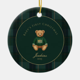 Dark Green Tartan Plaid Babys First Christmas  Keramik Ornament