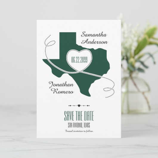 Dark Green Texas Curling Ribbon Save the Date (Stehend Vorderseite)