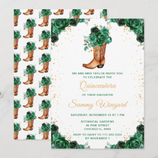 Dark Green und Gold Floral Cowboy Boot Quinceañera Einladung