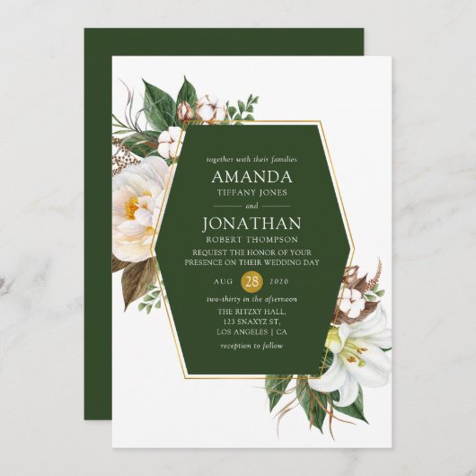 Dark Green und Gold Floral Geometric Wedding Einladung (Vorne/Hinten)