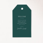 Dark Green Wedding Willkommensschilder Geschenkanhänger<br><div class="desc">Diese dunkelgrünen Begrüßungstags sind perfekt für Ihre klassische, moderne, neutrale, dunkelgrüne Hochzeit. Das Design besticht durch minimalen zeitgenössischen Schriftart und eine elegante, formale Skriptkalligrafie. Es ist sicher, Ihre pastellfarbenen Märchenfall, Sommer, Frühling, Hochzeit im Herbst zu beenden. Behalt es so, wie es ist, oder wählen Sie es mit Ihren eigenen Kunstwerken...</div>
