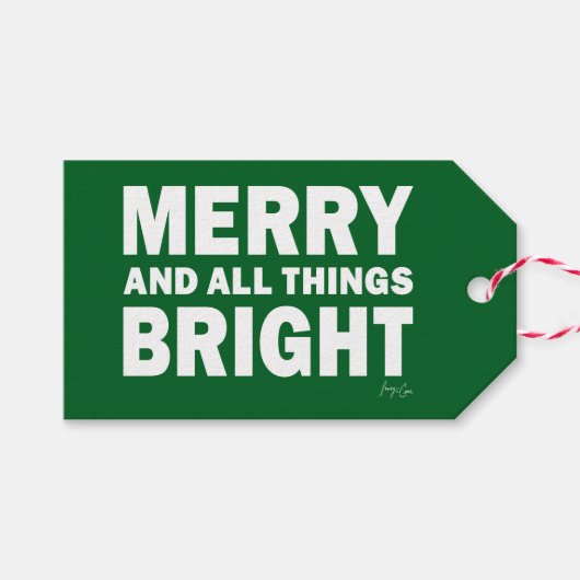 Dark Green & White Gift Tag | Merry & Bright Geschenkanhänger (Vorderseite (Horizontal))