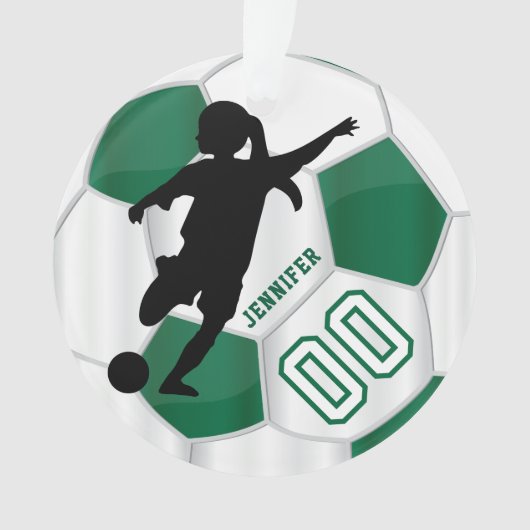 Dark Green & White Personalize Girl Soccer Player Ornament (Vorderseite)