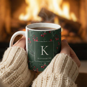 Dark Green Winter Watercolor Botanic Monogram Kaffeetasse