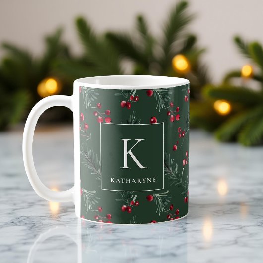 Dark Green Winter Watercolor Botanic Monogram Kaffeetasse