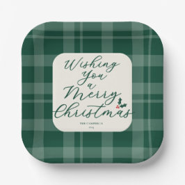 Dark Green Wishing You A Merry Christmas Plaid Pappteller