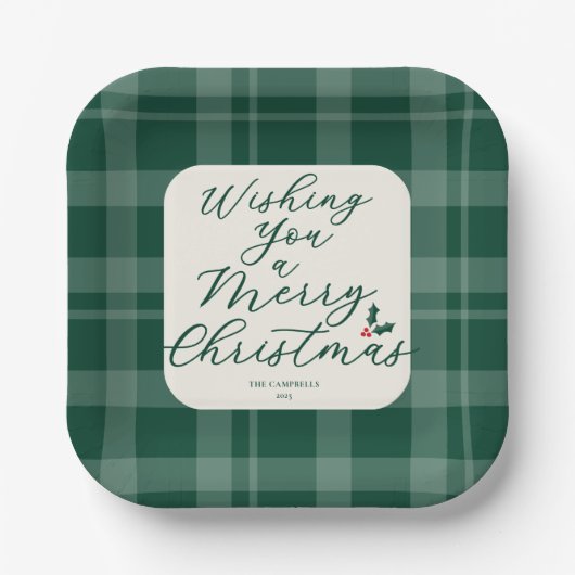Dark Green Wishing You A Merry Christmas Plaid Pappteller (Vorderseite)