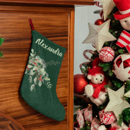 Dark green with Watercolor Leaves & Berries Named  Großer Weihnachtsstrumpf