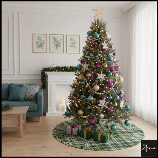 Dark Green Yellow Vintage Plaid Tartan Polyester Weihnachtsbaumdecke