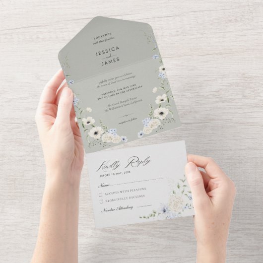 Dark Grey Flowers Tear-Off RSVP | Modern Wedding All In One Einladung (Abreißtisch)