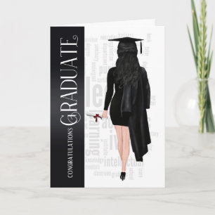 Dark Hair Black Cap and Gown Female Graduate Card Karte