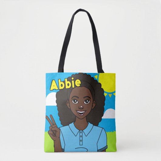 Dark Hair Cartoon Girl School Student Name Library Tasche (Vorderseite)