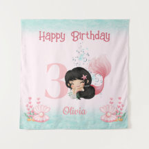 Dark Hair Mermaid Birthday Pink Banner