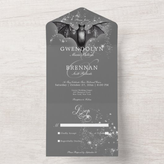 Dark Halloween Glam Bat & Diamonds Kein Abendessen All In One Einladung (Innen Boden)
