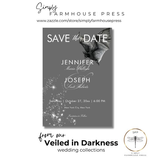 Dark Halloween Glam Bat & Diamonds Wedding Save The Date