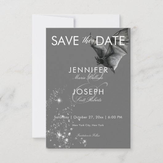 Dark Halloween Glam Bat & Diamonds Wedding Save The Date (Vorderseite)