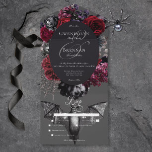 Dark Halloween Glam Floral Gray Hochzeitsessen All In One Einladung