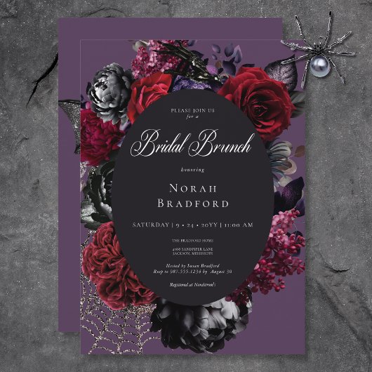 Dark Halloween Glam Floral Lila Bridal Brunch Einladung
