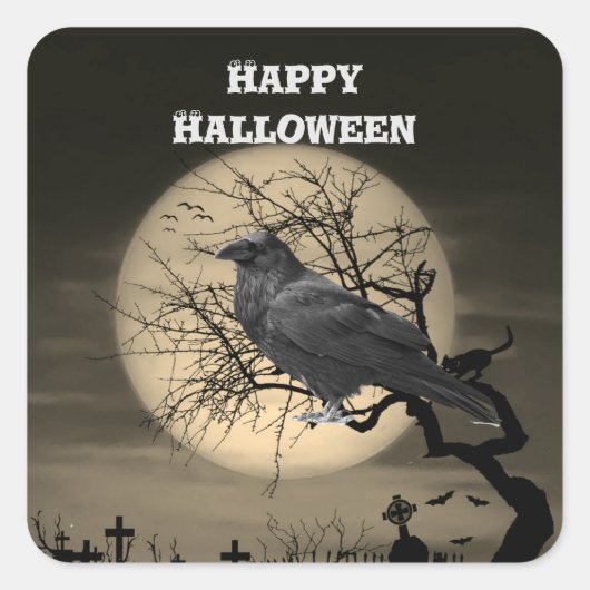 Dark Halloween Raven in Tree Quadratischer Aufkleber (Vorderseite)
