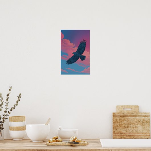 Dark hawk with wings spread across a sunset sky poster (Küche)