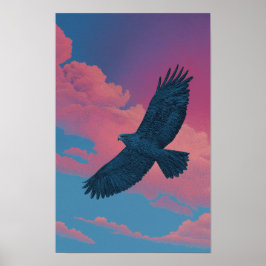 Dark hawk with wings spread across a sunset sky poster