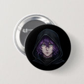 Dark Hoodie Anime Boy with Purple Hair Button (Vorne & Hinten)
