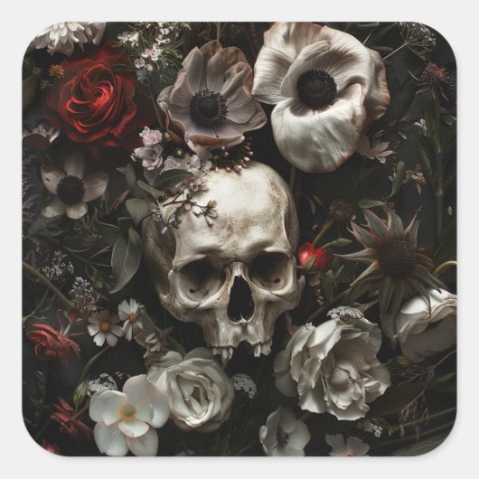 Dark Hütte Core Skulls und Blume Quadratischer Aufkleber (Vorderseite)
