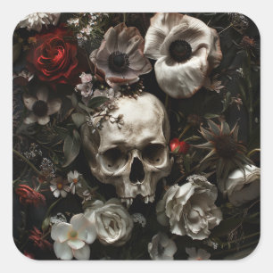 Dark Hütte Core Skulls und Blume Quadratischer Aufkleber