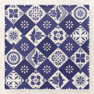 Dark Indigo Beige mexikanische Blütenschweine Tala Glasuntersetzer