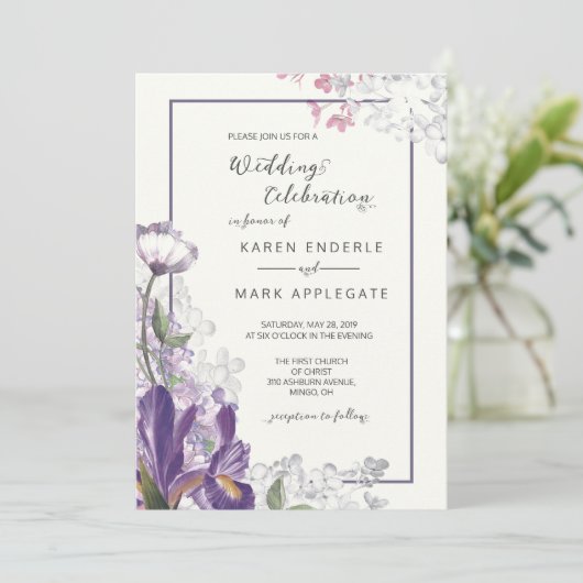 Dark Iris Floral Spring Elfenbein Hochzeit Einladung (Stehend Vorderseite)