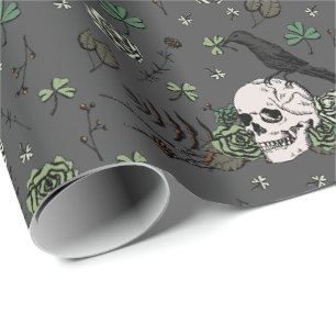 Dark Irish St. Patricks Day Clovers Floral Skull Geschenkpapier
