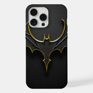 ​Dark Knight Gold Bat Symbol on Black Leather Text iPhone 15 Pro Max Hülle