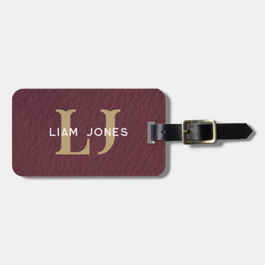 Dark Leather Initials Mit Monogramm Modernes Vinta Gepäckanhänger (Vorderseite horizontal)