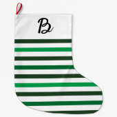 Dark Light Green Stripes Monogram Christmas Großer Weihnachtsstrumpf (Vorderseite)