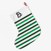 Dark Light Green Stripes Monogram Christmas Großer Weihnachtsstrumpf (Rückseite (Hängend))