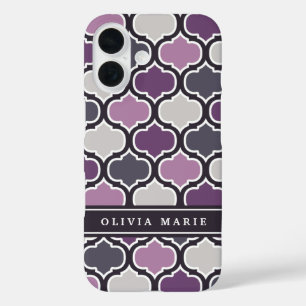 Dark Lila Arabesque Muster Personalisierter Name iPhone 16 Hülle