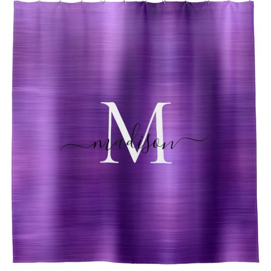 Dark Lila Brushed Metal Monogram Girl Script Duschvorhang (Vorderseite)