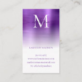 Dark Lila Brushed Metal Monogram Stylish Script Visitenkarte (Rückseite)