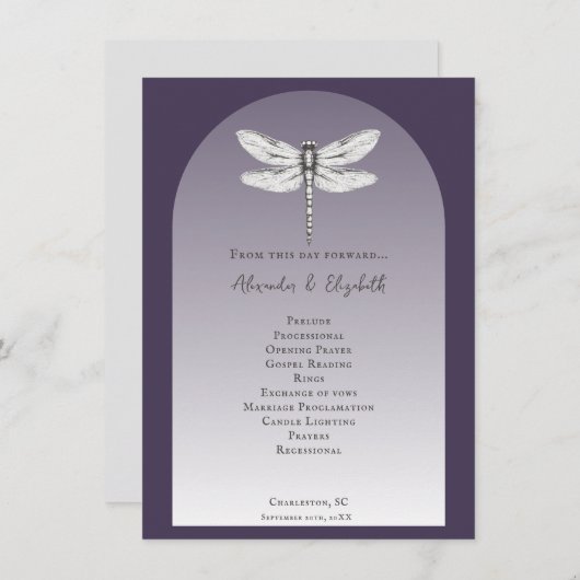 Dark Lila Dragonfly-Hochzeitsprogramm (Vorne/Hinten)