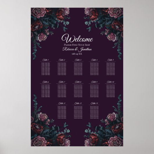 Dark Lila Floral Elegante Wedding Maroon Mauve Poster (Vorne)