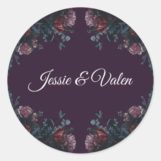Dark Lila Floral Elegante Wedding Maroon Mauve Runder Aufkleber (Vorderseite)