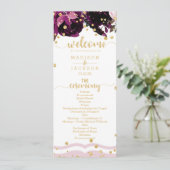 Dark Lila Floral Gold Confetti Wedding Program Programm (Stehend Vorderseite)