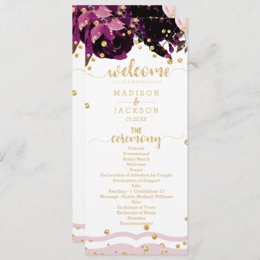 Dark Lila Floral Gold Confetti Wedding Program Programm (Vorne/Hinten)