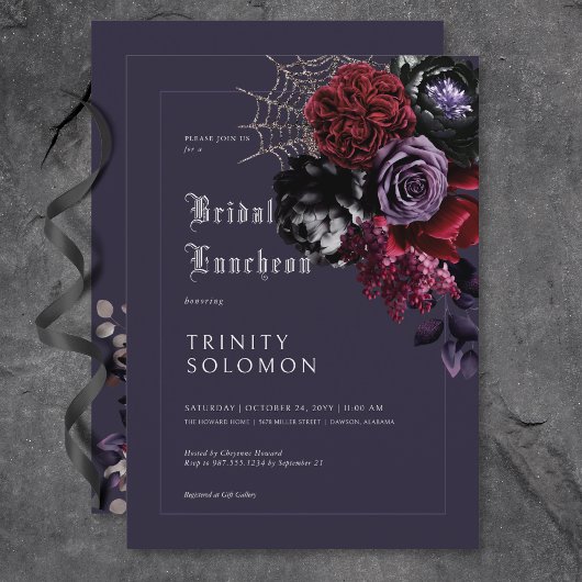 Dark Lila Floral & Silver Web Bridal Luncheon Einladung