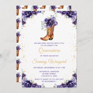 Dark Lila Gold Floral Cowboy Boot Quinceañera Einladung