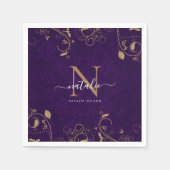 Dark Lila Gold Floral Ornaments Monogram Script Serviette (Vorderseite)