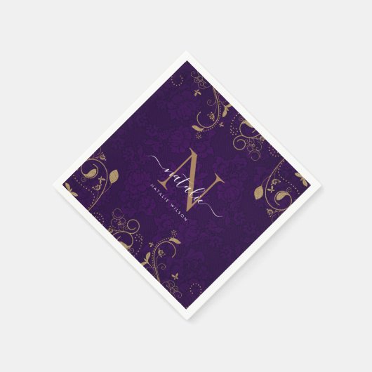 Dark Lila Gold Floral Ornaments Monogram Script Serviette (Ecke)